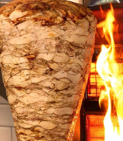 Machewe Express, image of grilled Shawarma in an open furnace