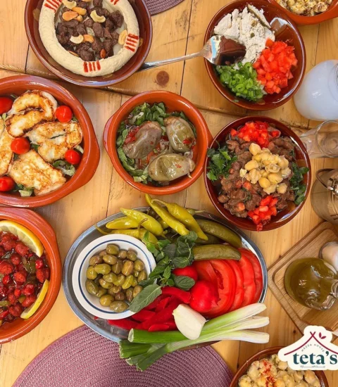 Teta’s Mezza House, Mezza, Hommos, Halloum, Foul, and Vegetables