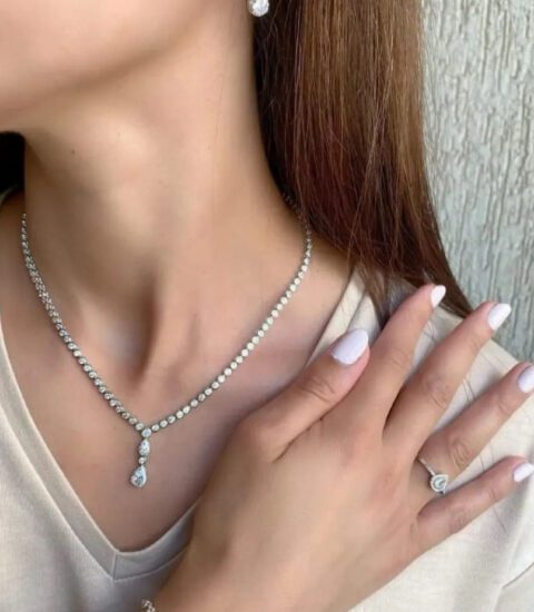 Trois Quart, image of a woman's neck showcasing necklace and ring accessories