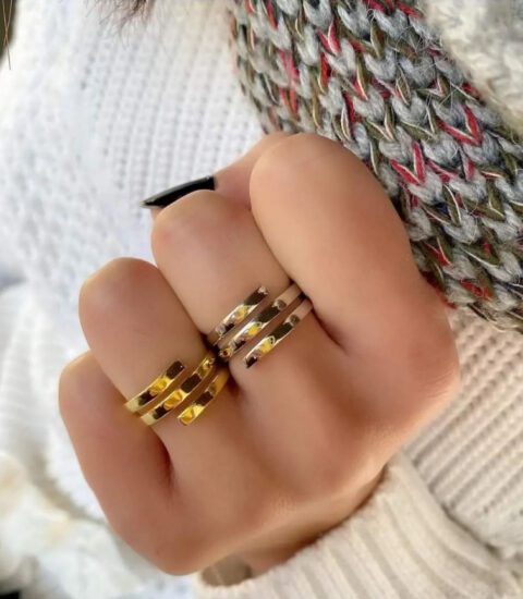 Trois Quart, image of a woman's hand showcasing a ring accessories