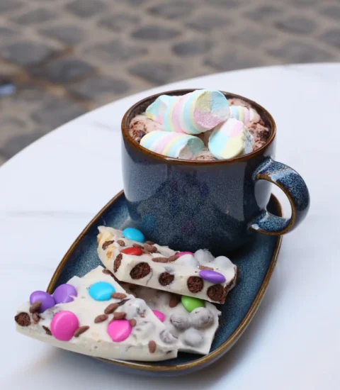 Sweeteria, image of hot chocolate, and marshmallow