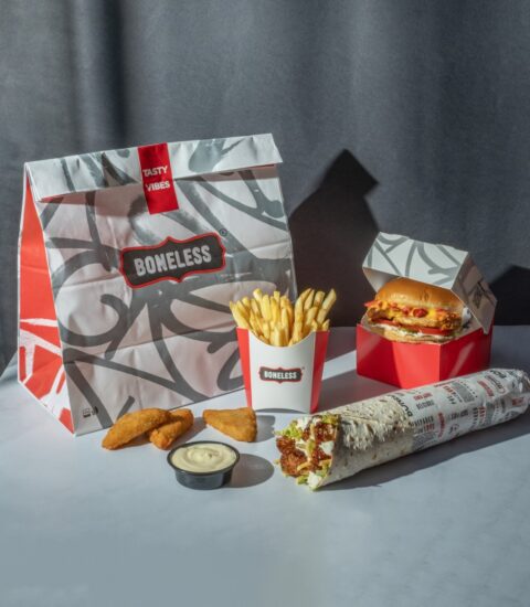 Boneless, burger, fries and mozzarella sticks