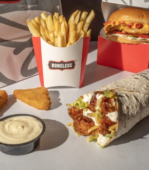 Boneless, burger, fries and mozzarella sticks