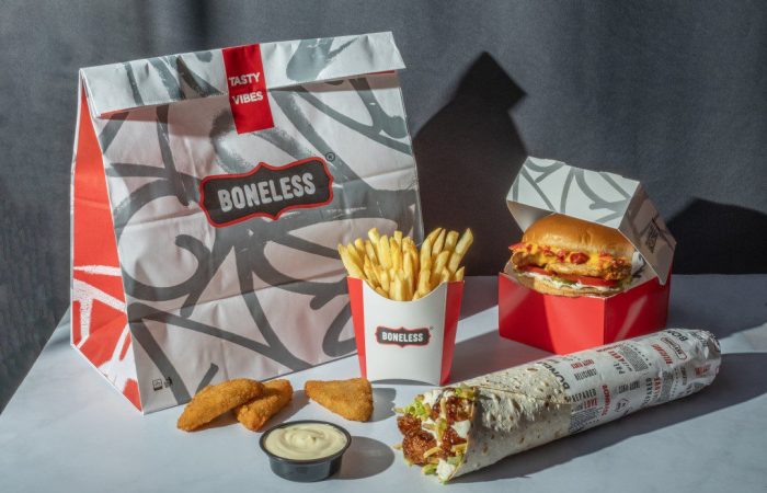 Boneless, burger, fries and mozzarella sticks