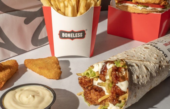 Boneless, burger, fries and mozzarella sticks